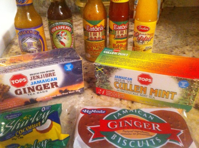 Some of the products we brought home from Jamaica, including Cullen Mint Herbal Tea, Gingery Mango Sauce and Ginger Biscuits.
