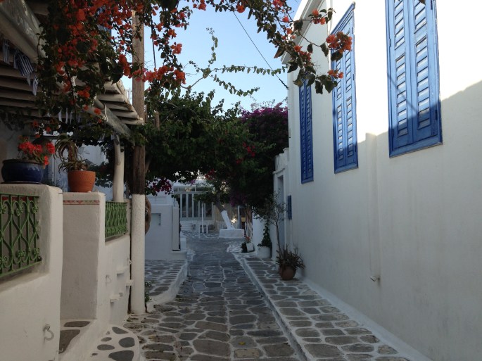 View of a typical street in Mykonos Town.