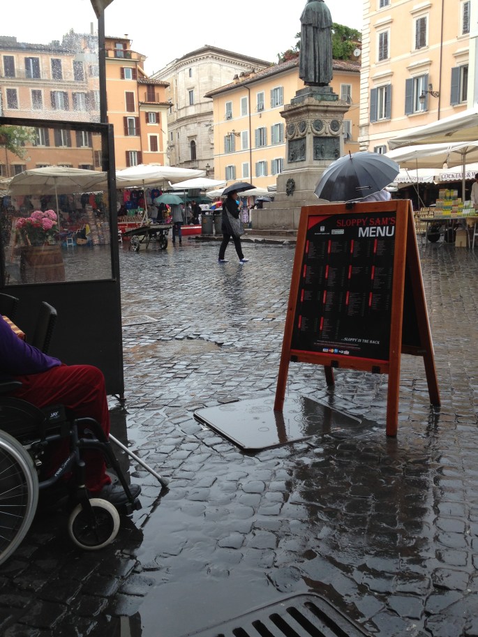 View from the outdoor terrace at Sloppy Sam's, Piazza Campo di Fiori, Rome, Italy.