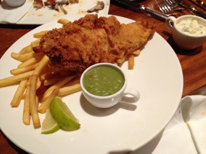 Fish and Chips at the Dublin Airport Hilton with the chips being pretty awful but the fish being excellent.