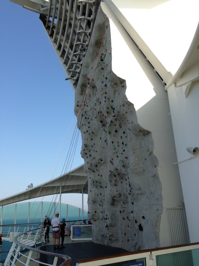 The ubiquitous rock climbing wall is always popular.  This one aboard the Royal Caribbean Navigator of the Seas. 