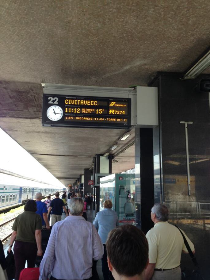 Stazione Roma Termini with identification of the Civitavecchia train on platform 22 which runs several per hour making it an easy DIY cruise ship excursion.