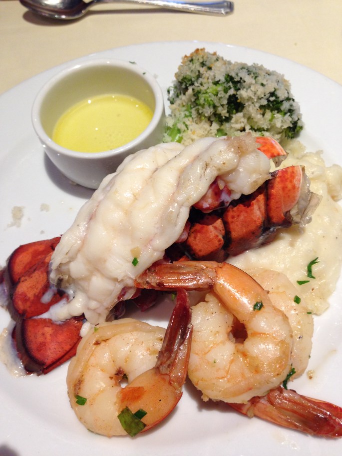 The delicious lobster tail and shrimp dinner in the Elation Dining Room on board the Carnival Paradise.