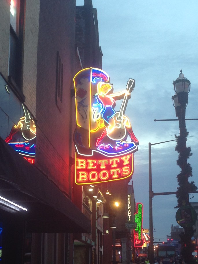 Betty Boots neon sign on Broadway in downtown Nashville, Tennessee.