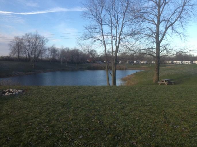 The lake at the Lake Haven RV Resort in Indianapolis.  Convenient to expressways and truck stop.