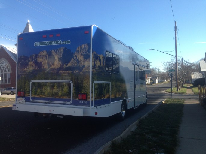 Our 31 foot RV from Cruise America sits along the National Road as we got out to stretch our legs in Lewisville, Indiana.