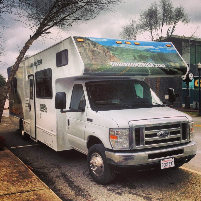 Our RV we rented from Cruise America parked along the main street of Sparta, Tennessee. 