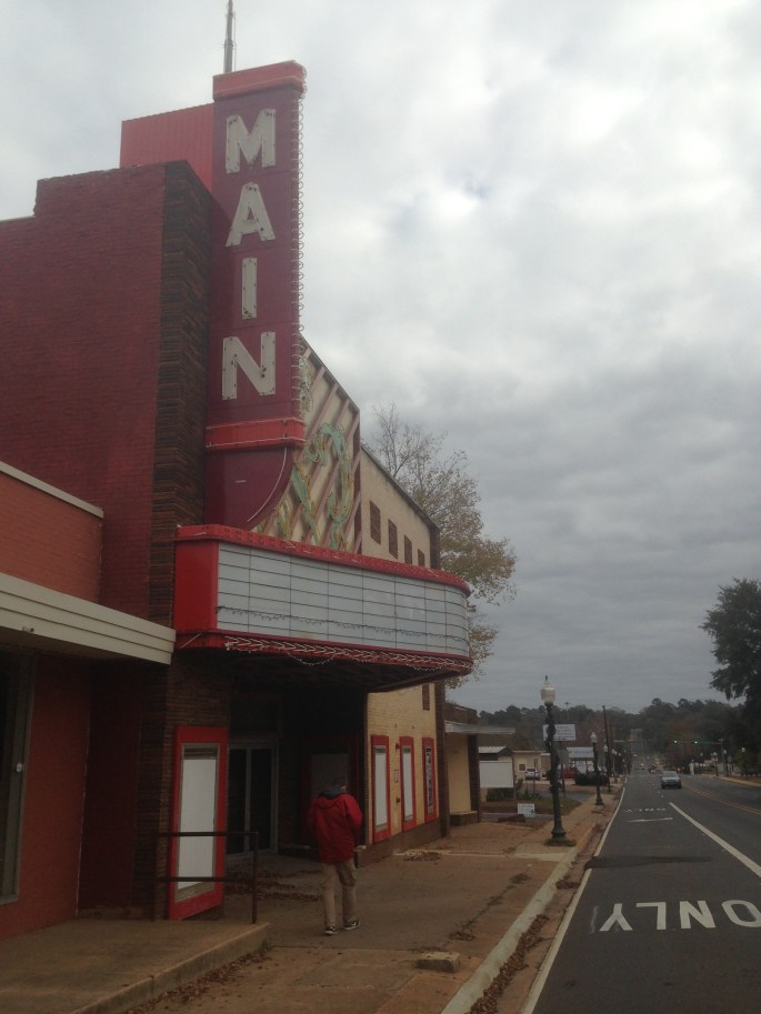 The yet-to-be-restored Main cinema on the main street in Nacogdoches is at the far end of the downtown but is easy to get to.  The town's core is fairly compact.