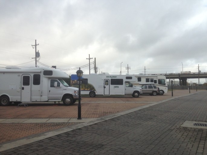The sites at the French Quarter RV Resort in New Orleans.  Our rented RV from Cruise America in the center.