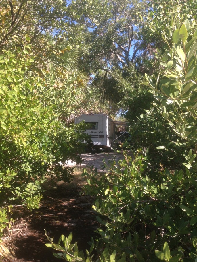 Our RV on a waterfront site in the pet-friendly section of the campground at Fort Desoto Park, St. Petersburg, Florida.