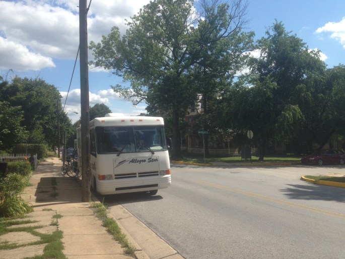 It was easy to park along the side of the road in Kennett Square, PA with our motor home.