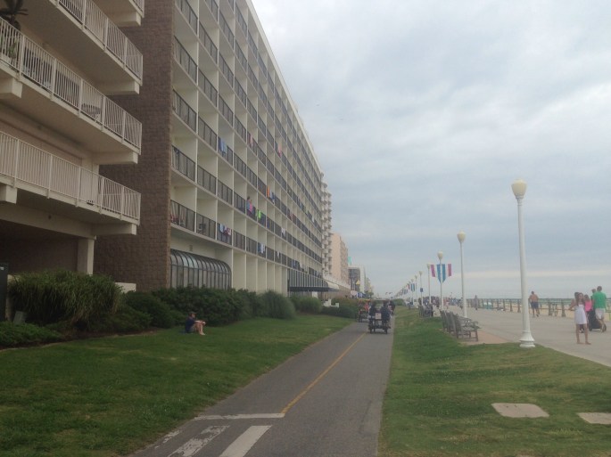 The boardwalk at Virginia Beach isn't wood and doesn't have any arcades or shops but lots of hotels.