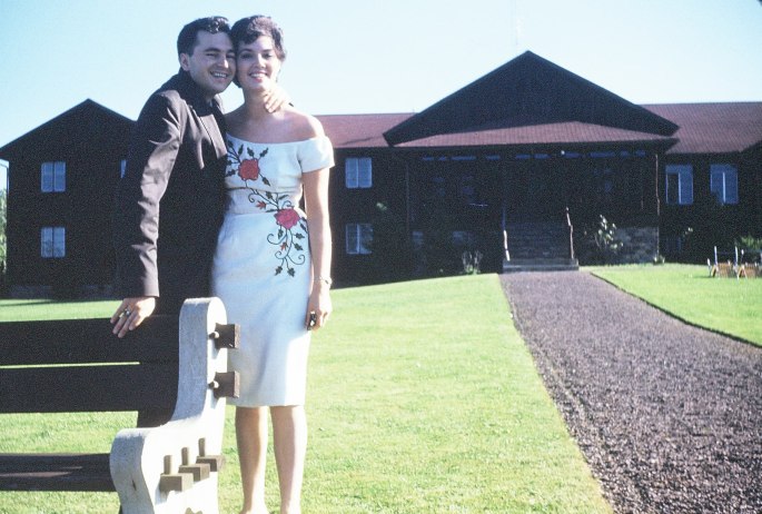 My mom and dad at Split Rock Lake Harmony in this vintage 1959 shot showing what is the front of the lodge near the waterfront.  